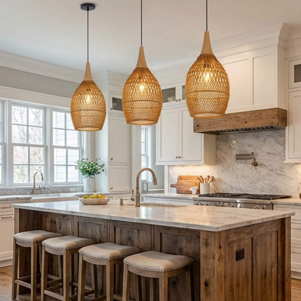 Handmade Rattan Pendant Light Natural Wicker Lampshade for Kitchen Dining Living Room