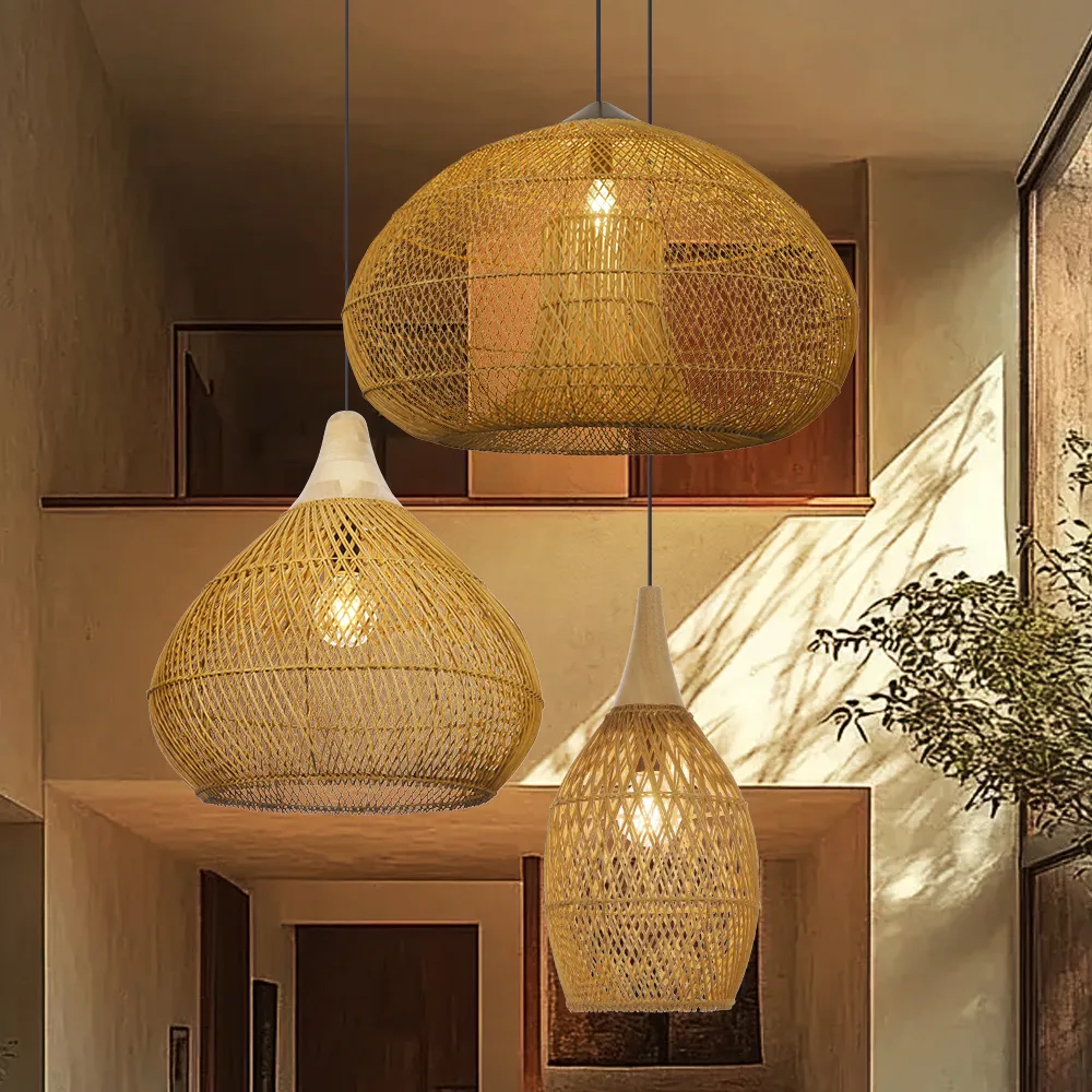 Wabi-Sabi Style Rattan Pendant Light for Living Room Round Base Three-Light Design