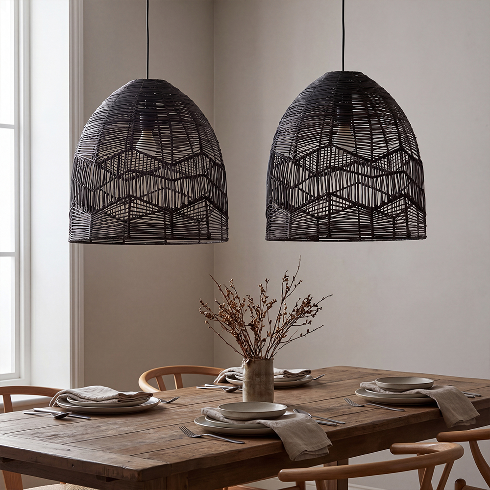 Organic Black Rattan Chandelier Farmhouse Rustic Zen Hanging Lighting