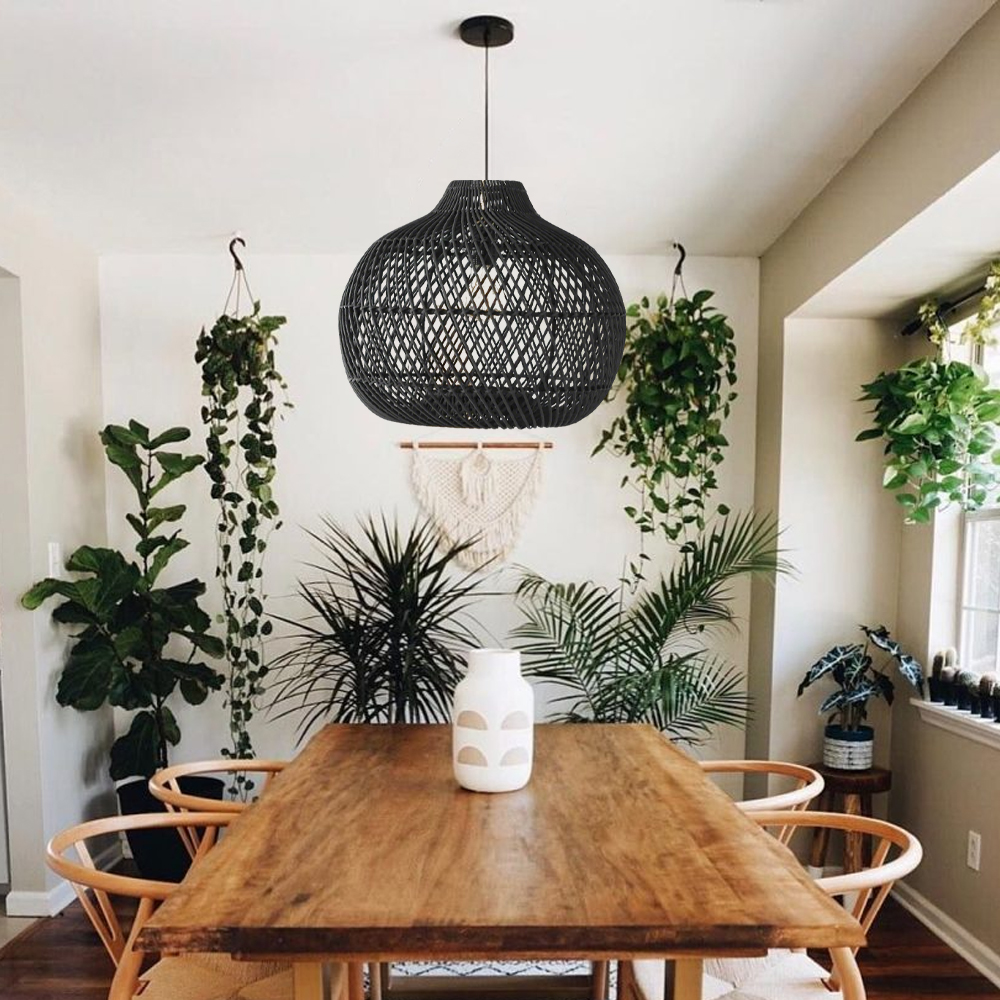 Bohemian Black Rattan Ceiling Light Coastal Hanging Lamp