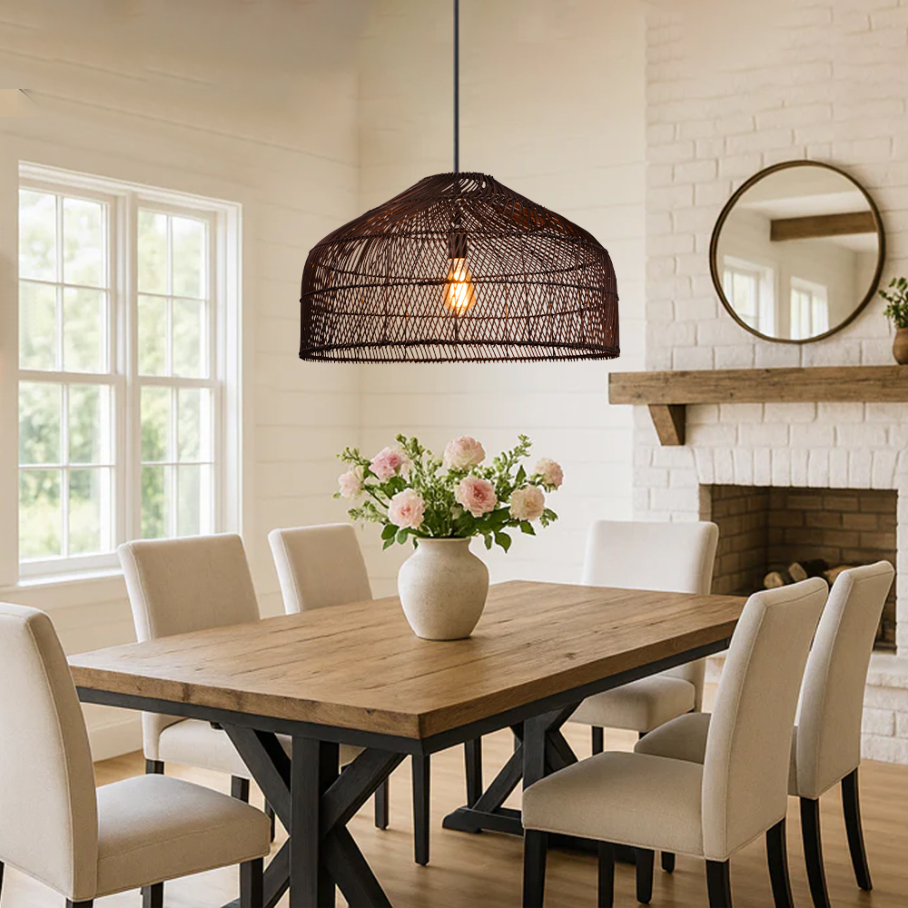Hand-Woven Pendant Light Fixture Farmhouse Basket Hanging Lamp Chandelier for Kitchen