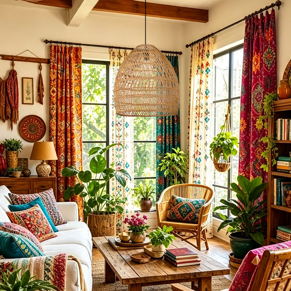 Boho Living Room Hanging Lamp Natural Wicker Pendant Light for B&Bs