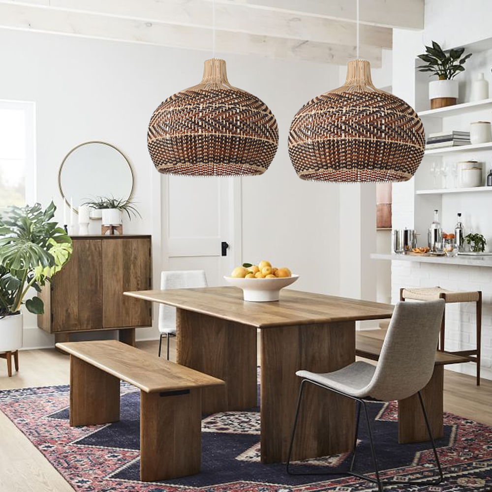 Coastal Farmhouse Dome Rattan Pendant Light Boho Basket Weaving Lighting Fixture for Dining Room