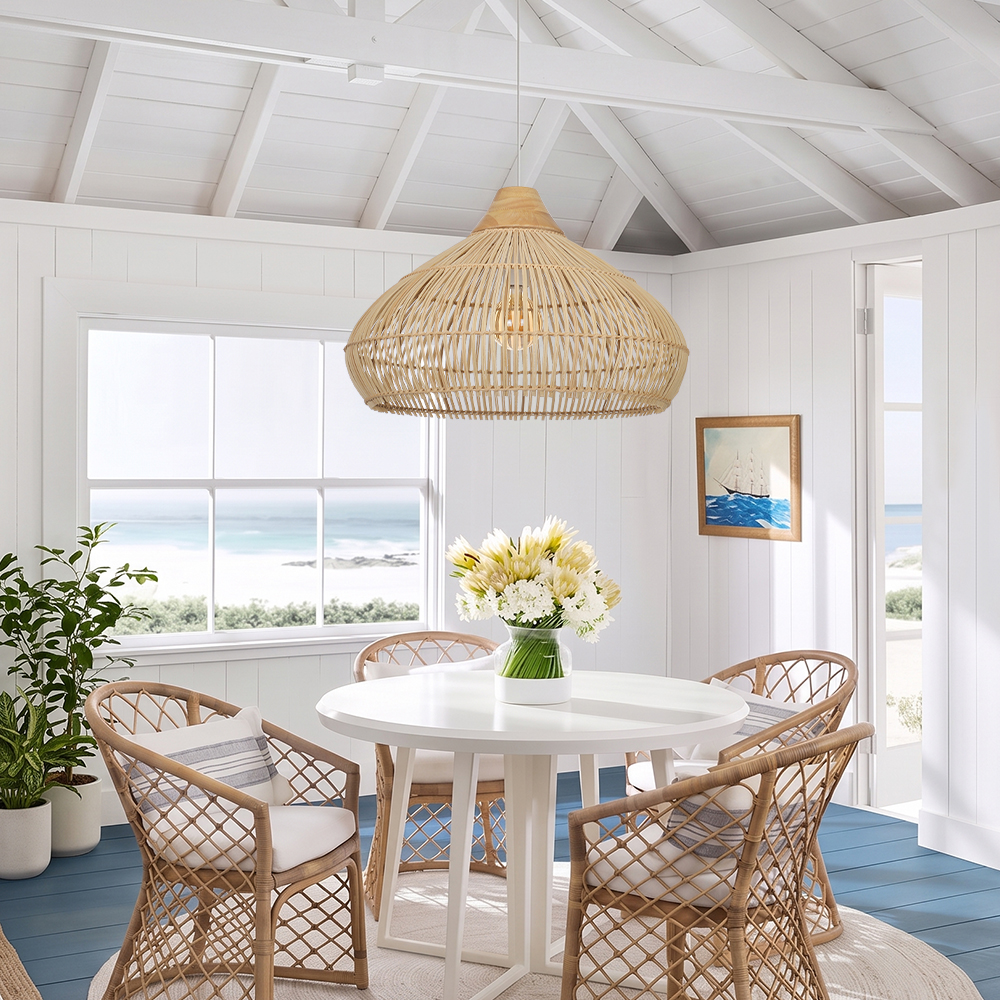 Coastal Lampshade Handmade Natural Woven Lamp Wooden Top Rattan Pendant Light