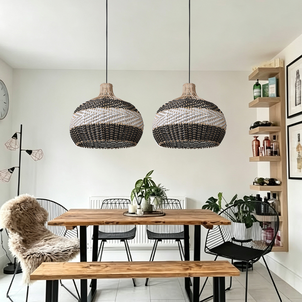 Coastal Farmhouse Dome Rattan Pendant Light Boho Basket Weaving Lighting Fixture for Dining Room