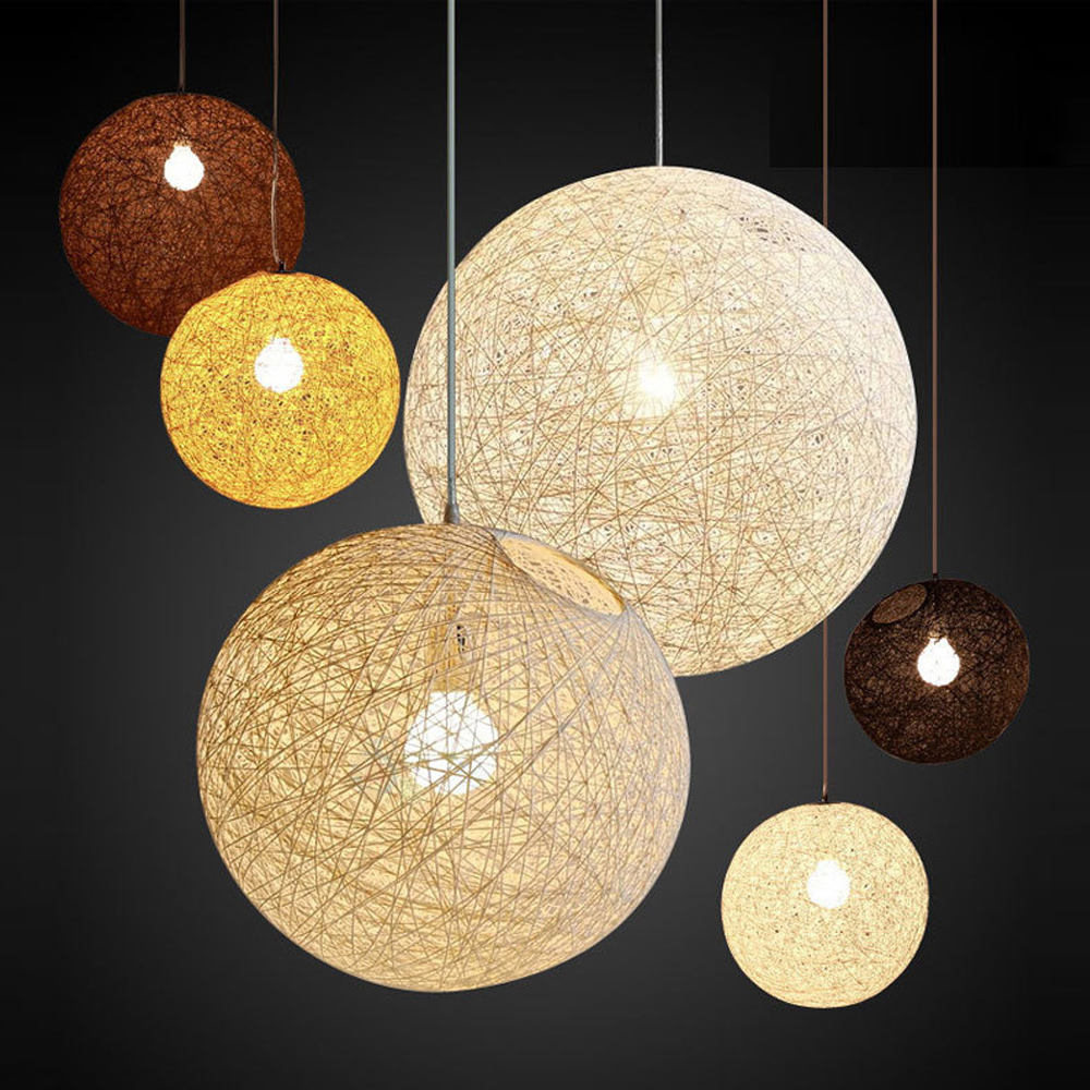 Modern Minimalist Restaurant Decor Rattan Pendant Light Hemp Rope Sphere Lighting