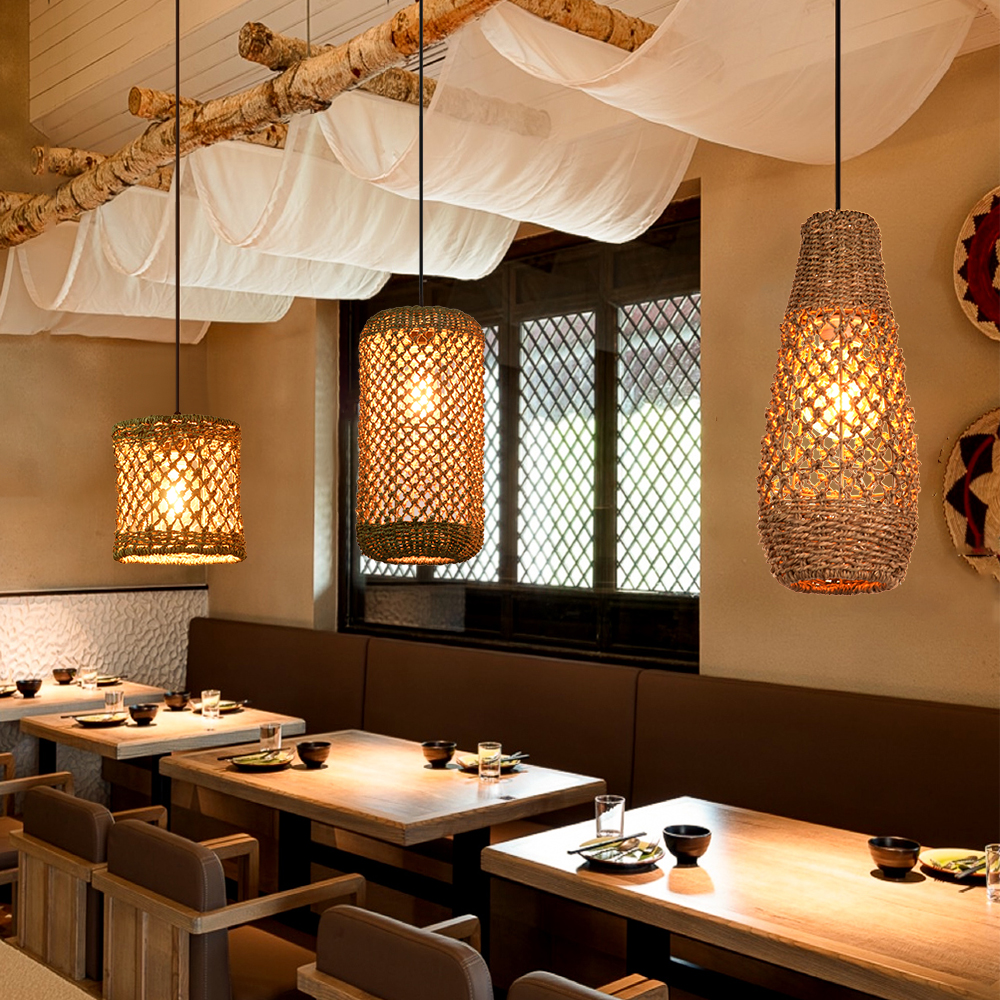 Retro Wicker Rattan Pendant Light Shade Restaurant Loft Style Grass Rattan Lamp