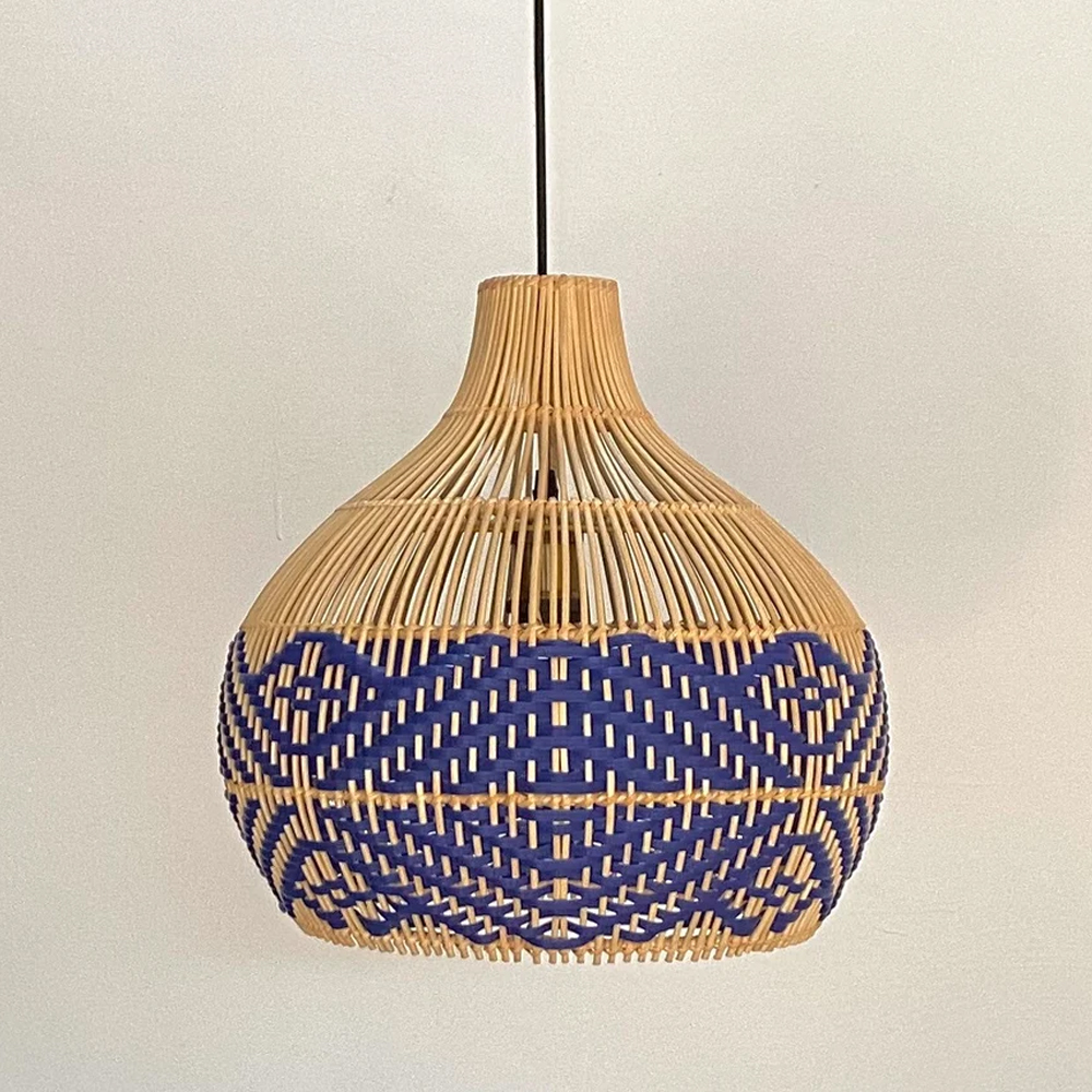 Chris Rattan Pendant Light Handmade Blue Hanging Lamp Shade