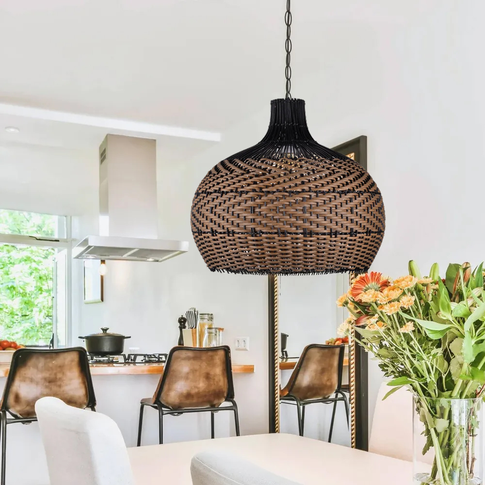 Hand-Woven Black Rattan Light Fixture Minimalism Rattan Ceiling Light