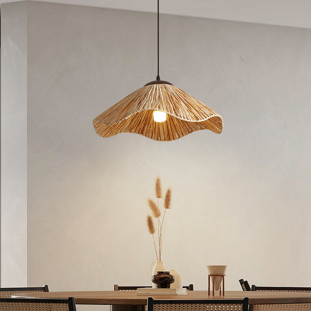 Japanese Creative Straw Hat B&B Woven Rattan Pendant Light Wabi-sabi style Hemp Rope Lamp Shade