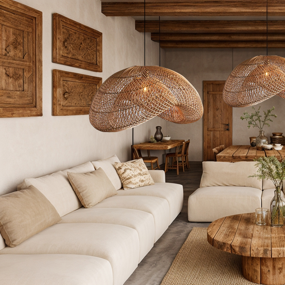 Handmade Wabi-Sabi Rattan Woven Dining Room Pendant Lamp Wicker Light Fixture