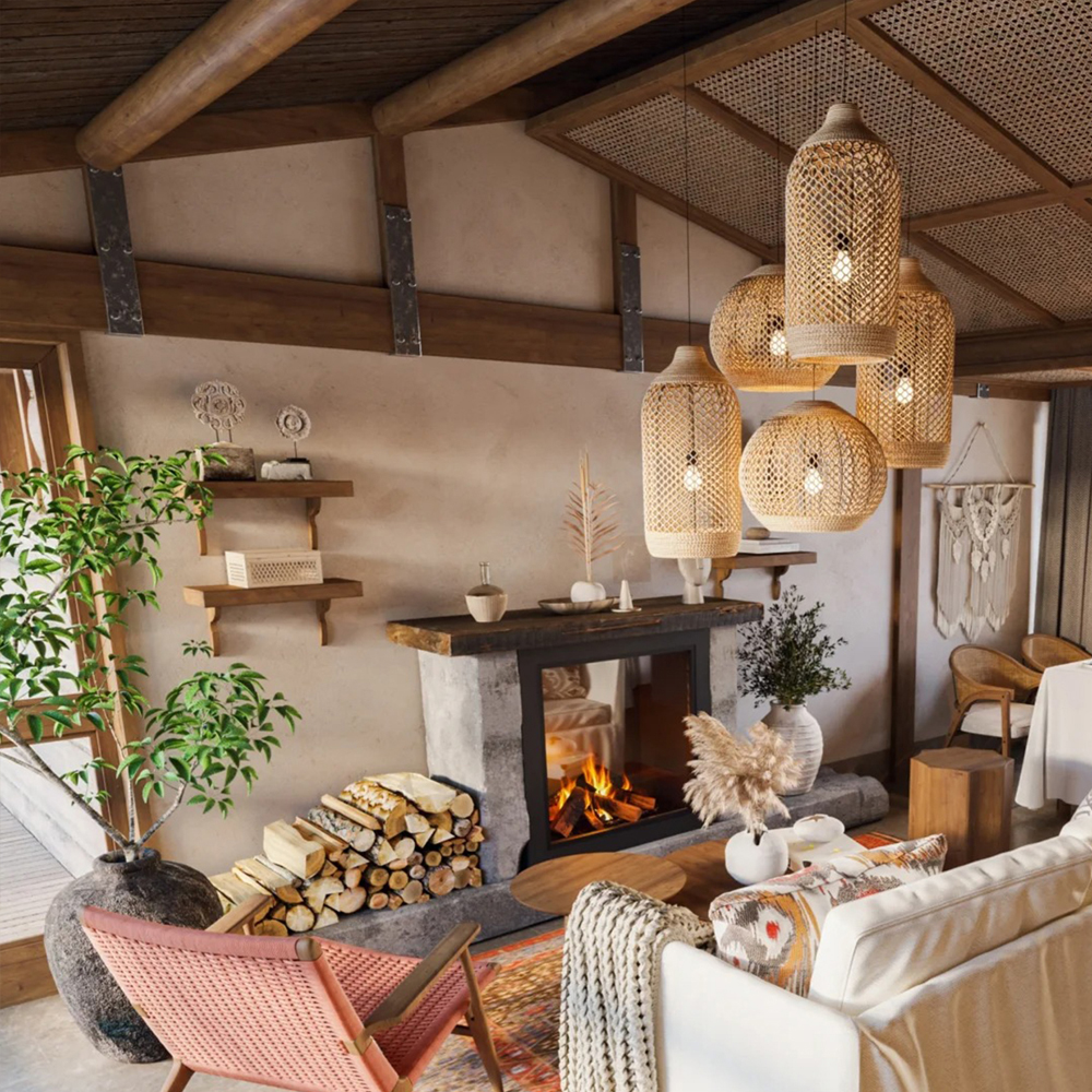 Wabi-sabi Style Living Room Rattan Chandelier Homestay Duplex Staircase Decor Hanging Lamp