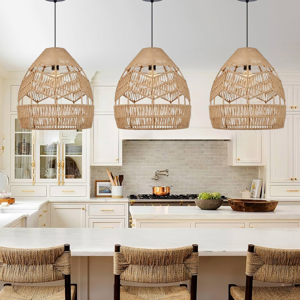 Boho Kitchen Island Black Pendant Light Handwoven Rope Hanging Lamp Shade