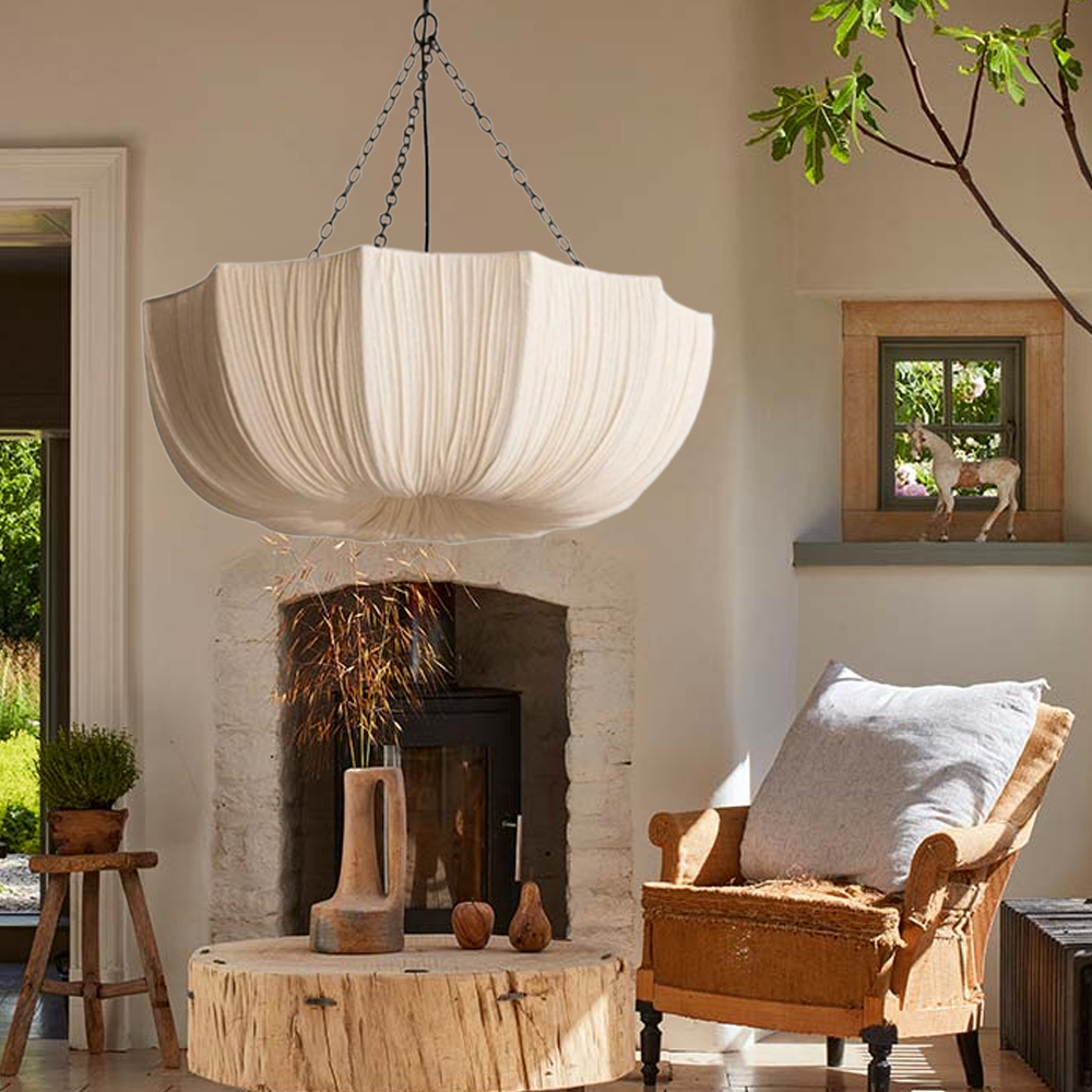 French Vintage Fabric Pendant Light Wabi-sabi Dining Room Decorative Lamps