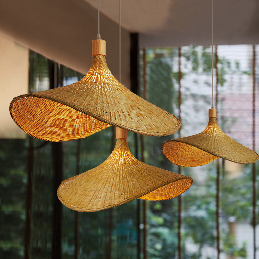 Coastal Living Room Bamboo Woven Pendant Light Japanese Homestay Straw Hat Lamp