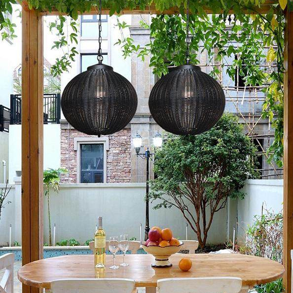 Outdoor Balcony Rattan Woven Pendant Light Waterproof Garden Lamp