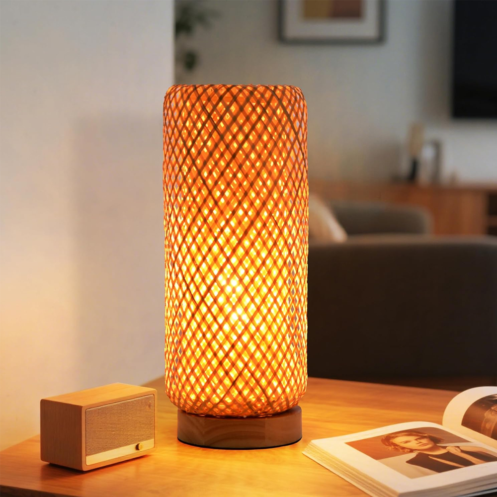 Nursery Bamboo Woven Small Bedside Lamp Boho Rattan Table Lamp for Living Room