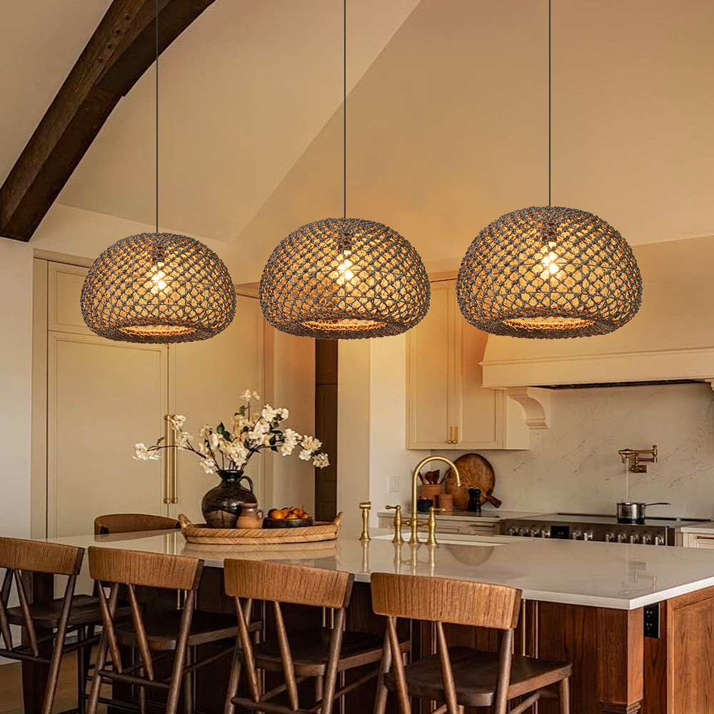 Farmhouse Kitchen Island Chandeliers Wicker Coastal Hanging Pendant Lighting for Restaurants