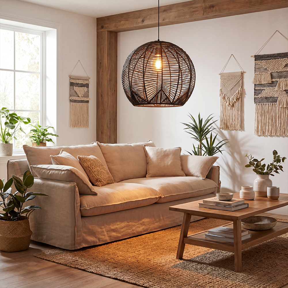 Artisan Knitted Lighting Handmade Black Rattan Pendant for Dining Room