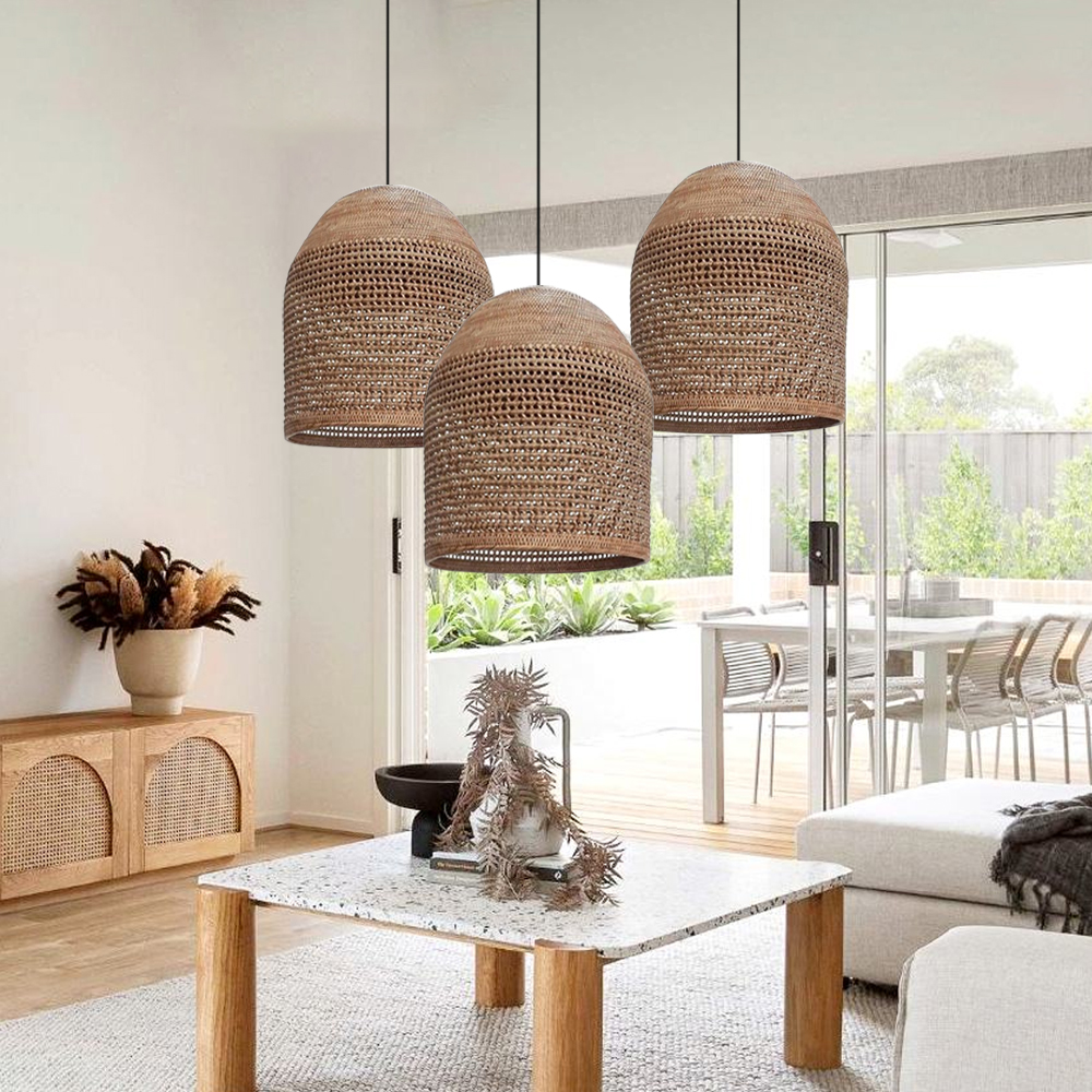 Hand-knitted Rattan Pendant Light Modern Scandinavian Bell Shape Kitchen Island Lighting
