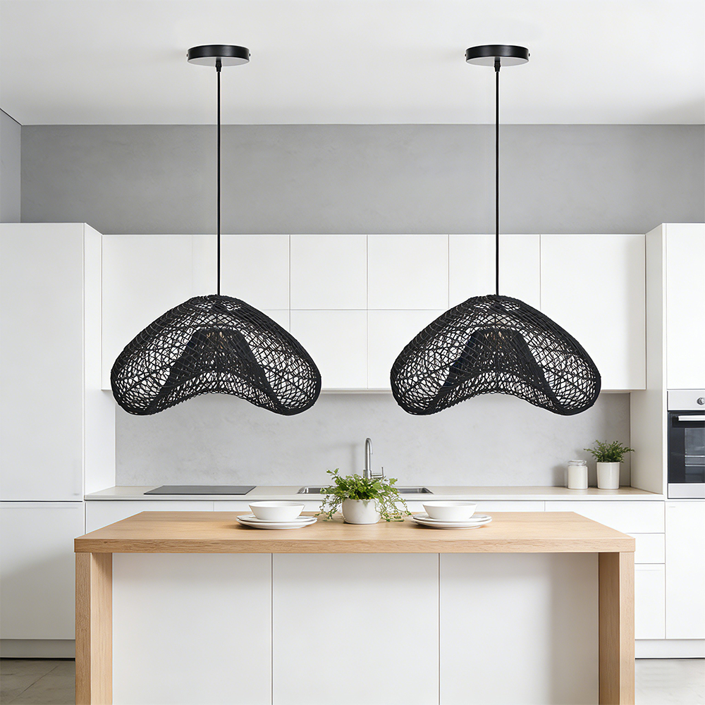 Black Hanging Lamp Shade Rattan Woven Pendant Light for Dining Room Bedroom