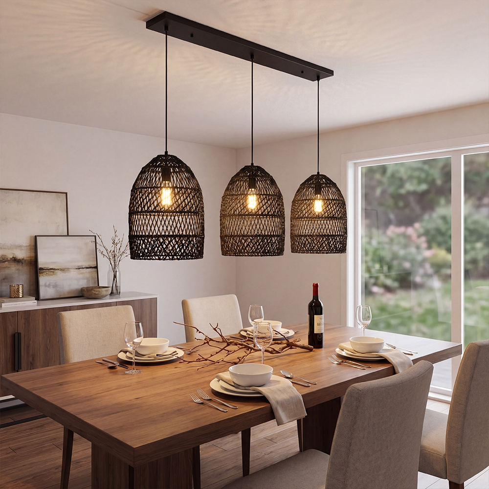 Intricate Black Rattan Lattice Light Artistic Hanging Shade for Dining Room