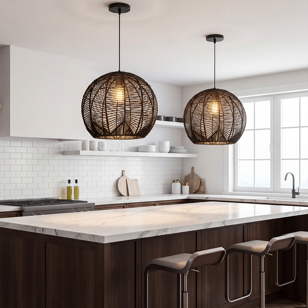 Artisan Knitted Lighting Handmade Black Rattan Pendant for Dining Room