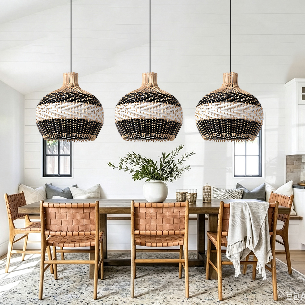 Sophisticated Black and White Rattan Pendant Light Interior Kitchen Island Design