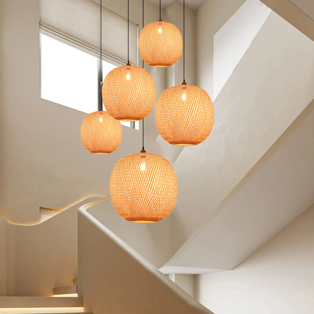 Hand Woven Bamboo Chandelier Spherical Stairwell Lighting