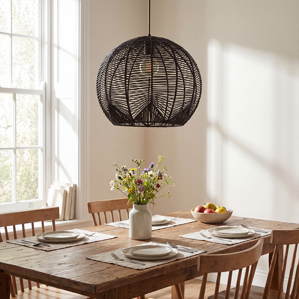 Artisan Knitted Lighting Handmade Black Rattan Pendant for Dining Room