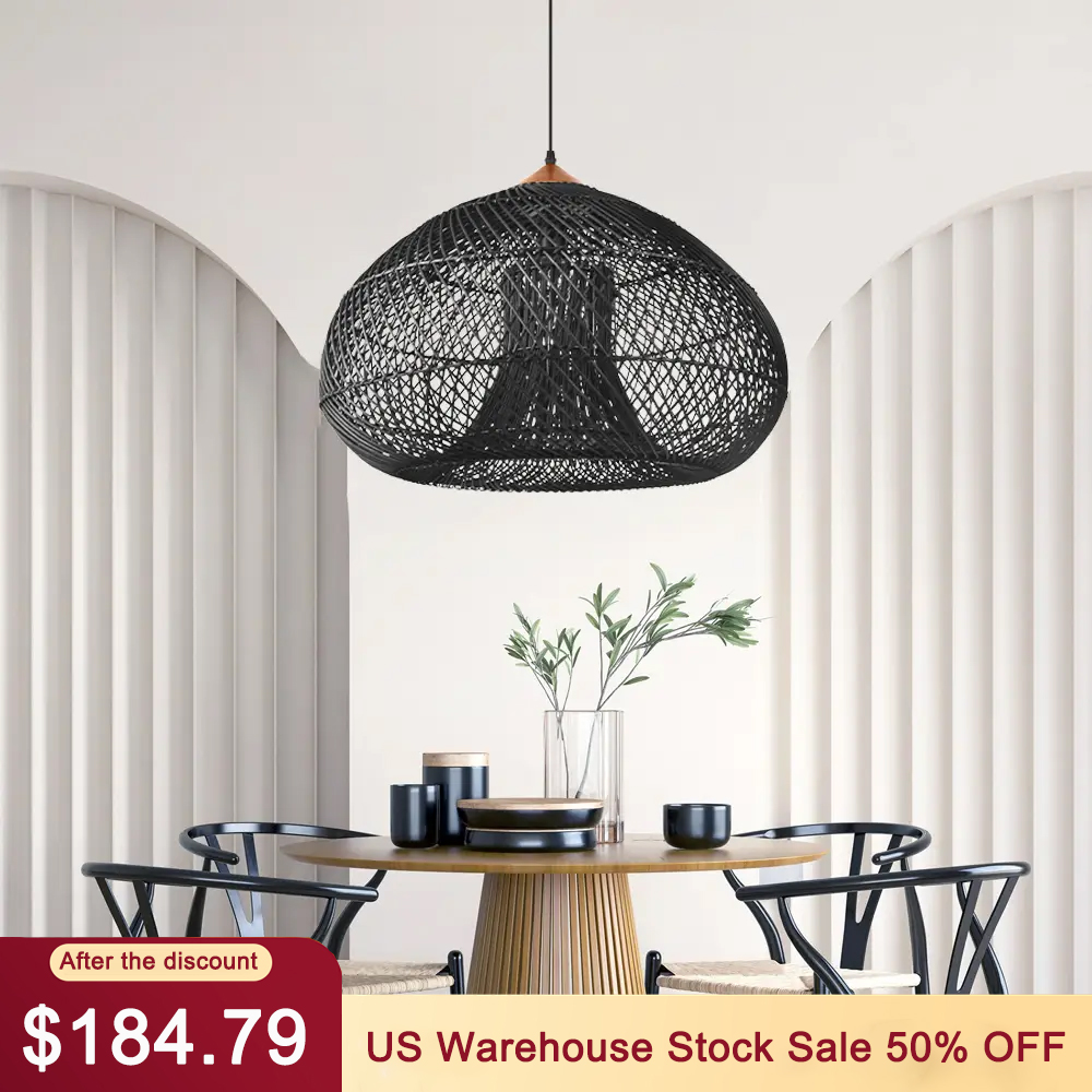 Black Rattan Pendant Light for Dining Room Kitchen