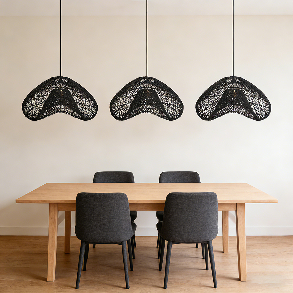 Black Hanging Lamp Shade Rattan Woven Pendant Light for Dining Room Bedroom