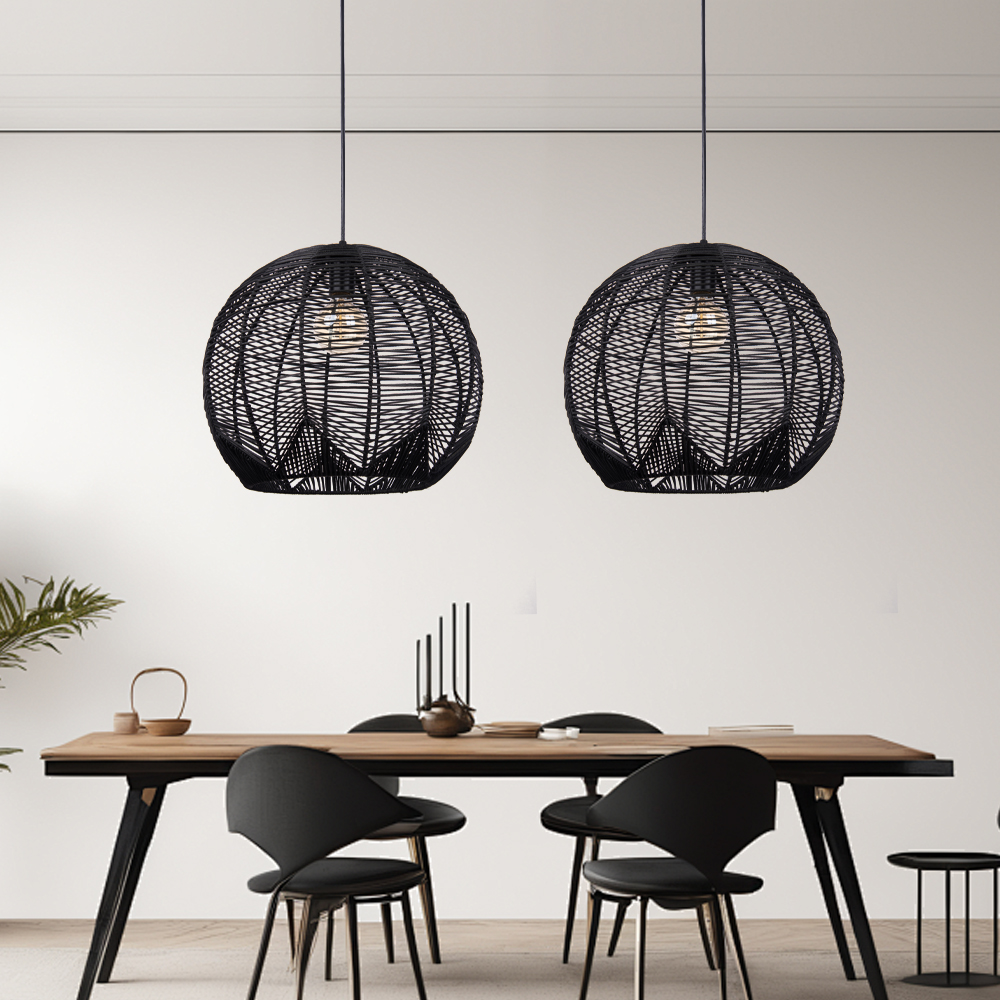 Artisan Knitted Lighting Handmade Black Rattan Pendant for Dining Room