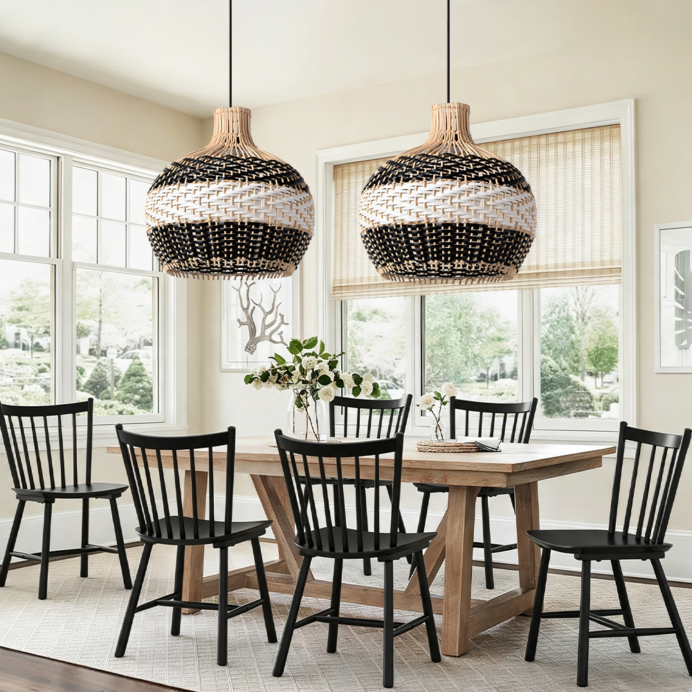 Sophisticated Black and White Rattan Pendant Light Interior Kitchen Island Design