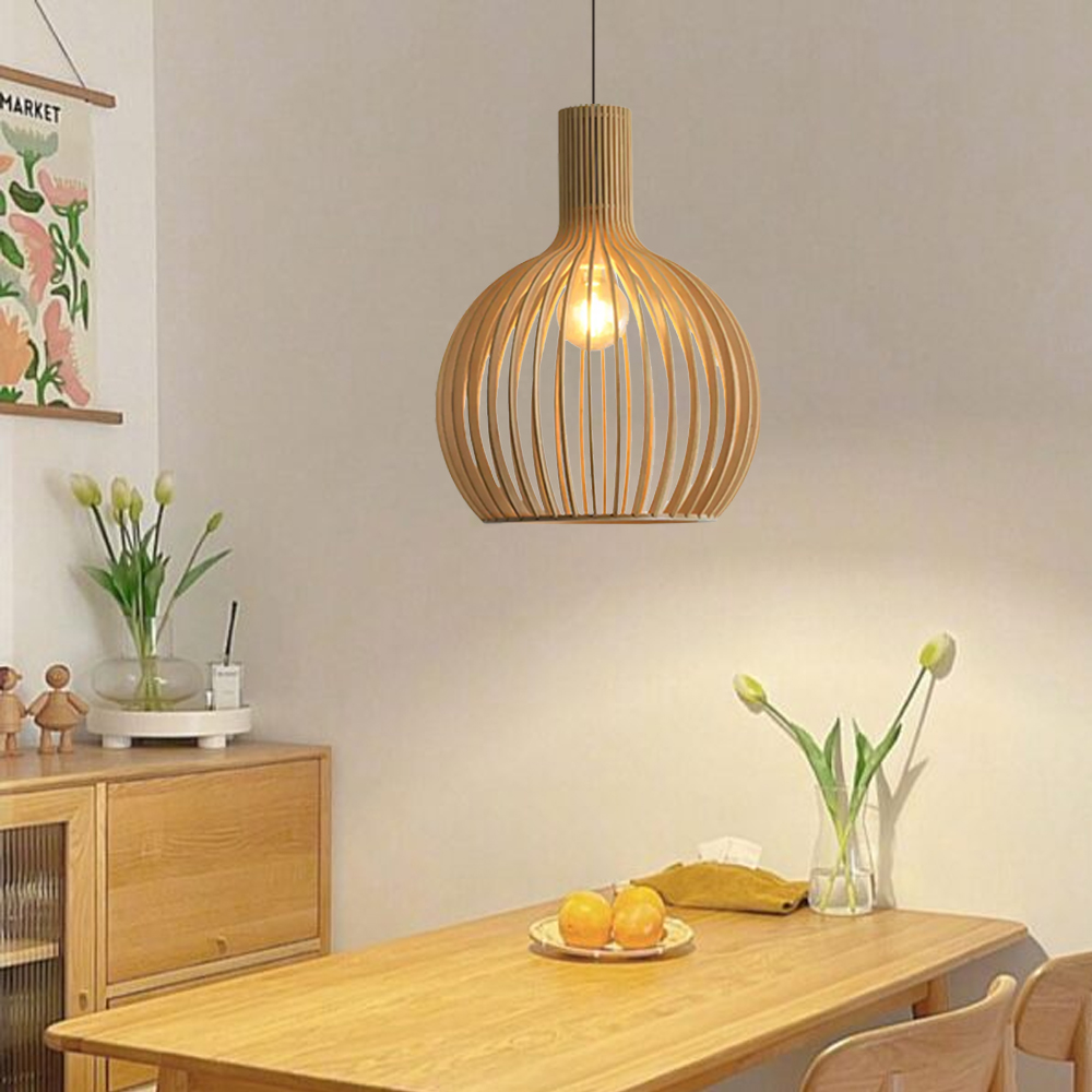 Nordic Birdcage Wooden Pendant Light for Dining Room