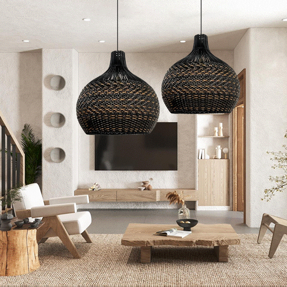 Wabi-sabi Black Rattan Pendant Light For Dining Room Kitchen Island