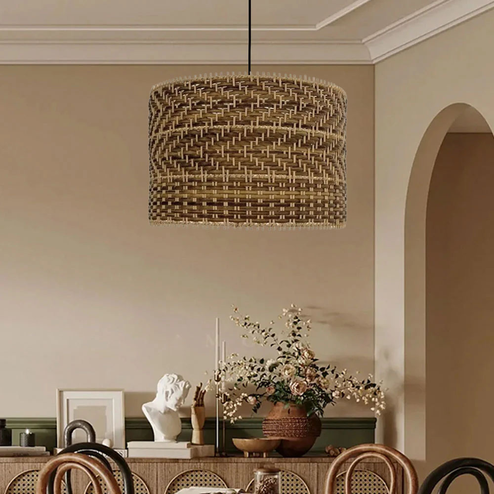 Handwoven Drum Shape Rattan Pendant Light for Kitchen Islands
