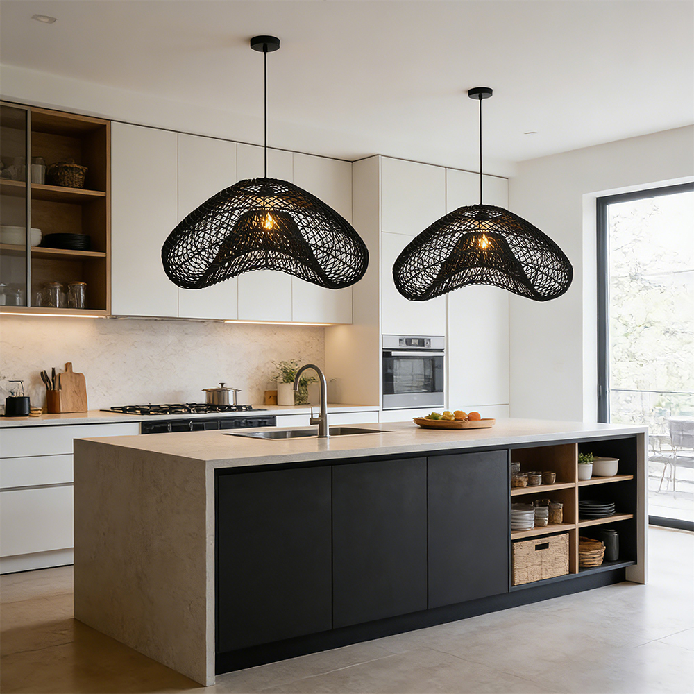 Black Hanging Lamp Shade Rattan Woven Pendant Light for Dining Room Bedroom