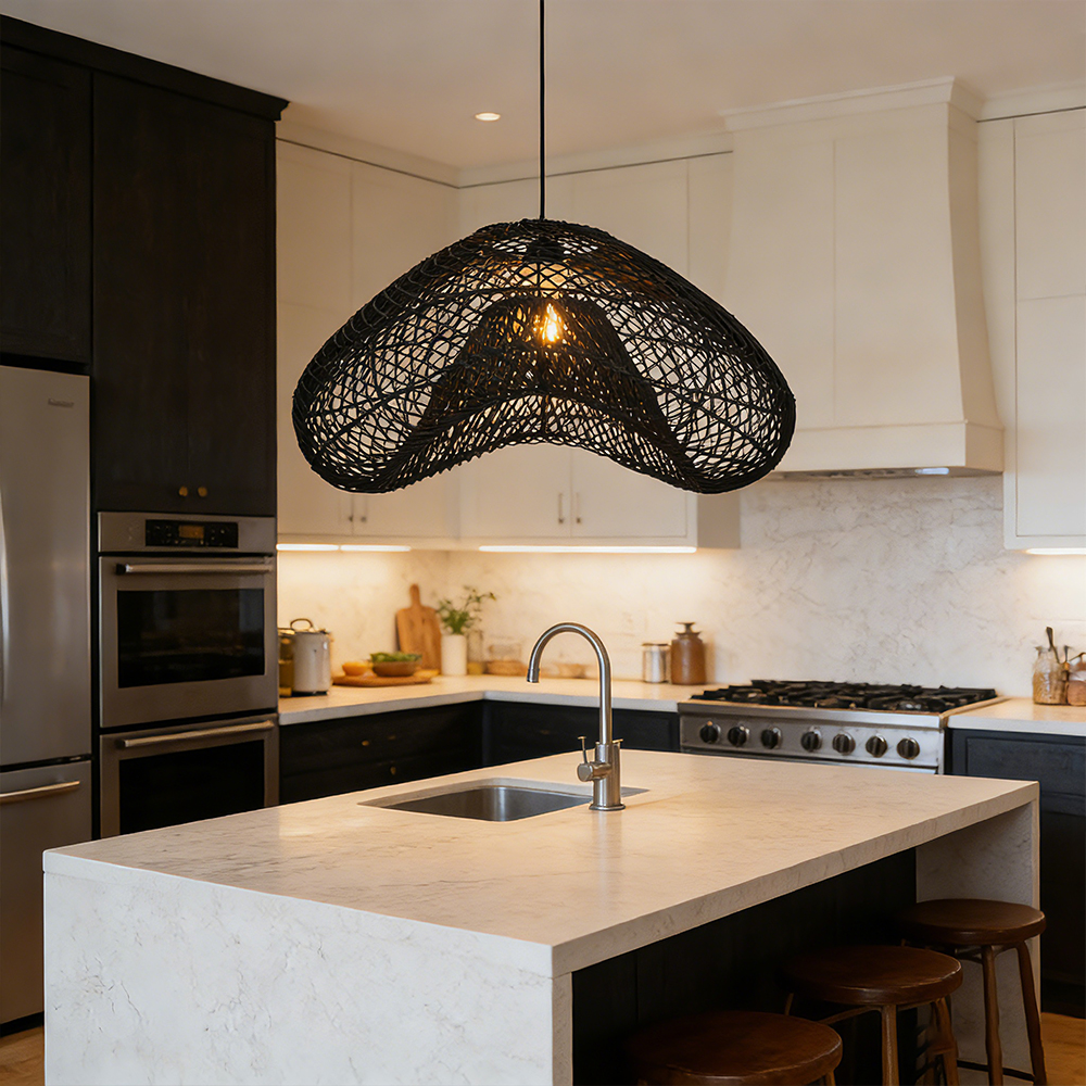 Black Hanging Lamp Shade Rattan Woven Pendant Light for Dining Room Bedroom