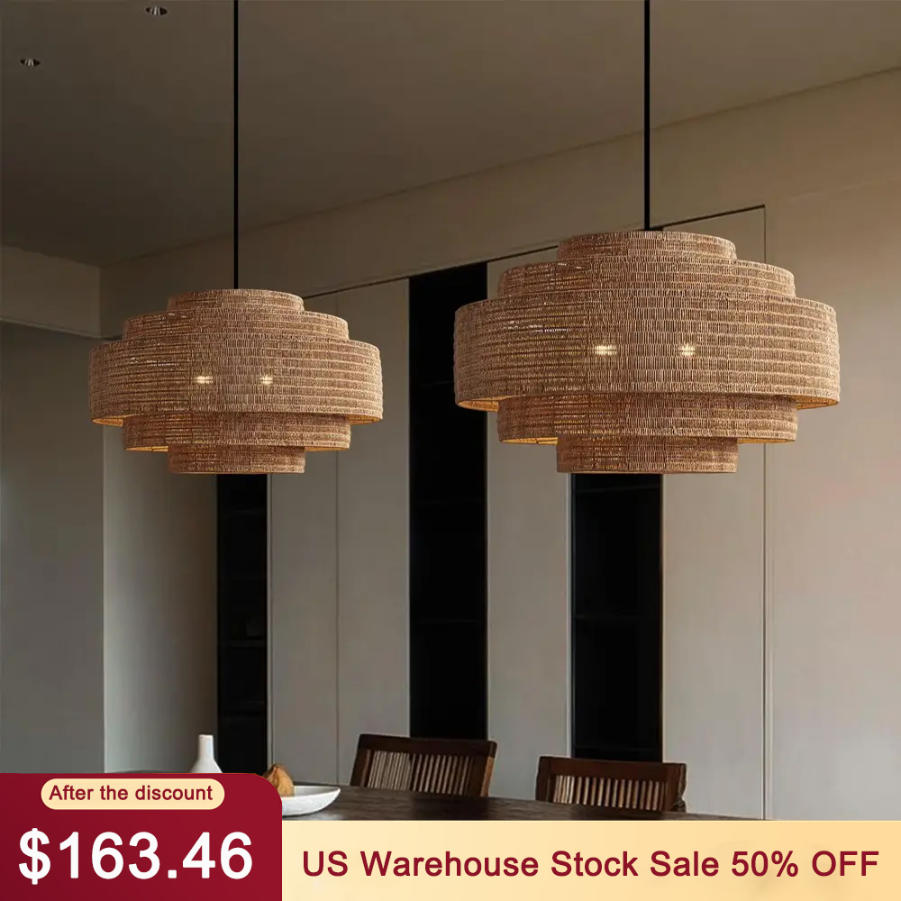 Japanese Retro Rattan Chandelier Light Kitchen Island Dining Room Hanging Lamp