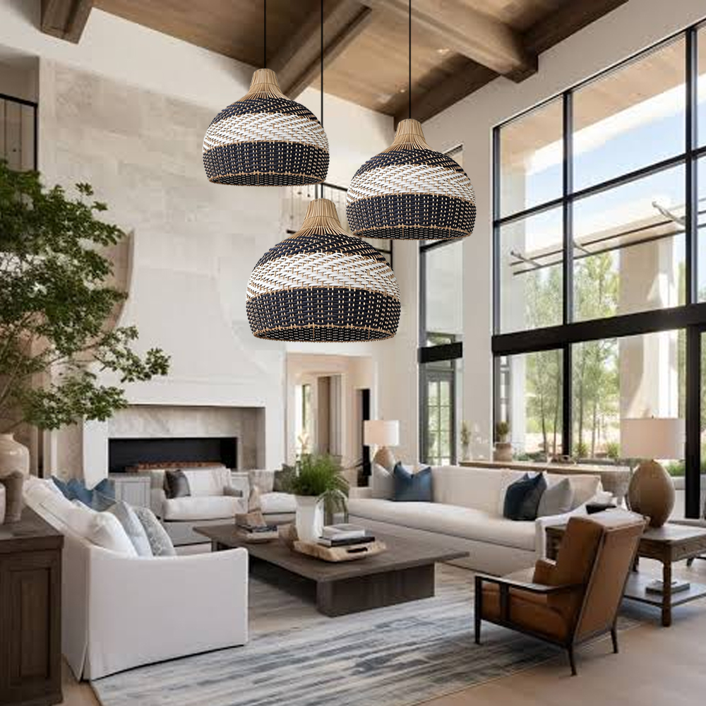Sophisticated Black and White Rattan Pendant Light Interior Kitchen Island Design