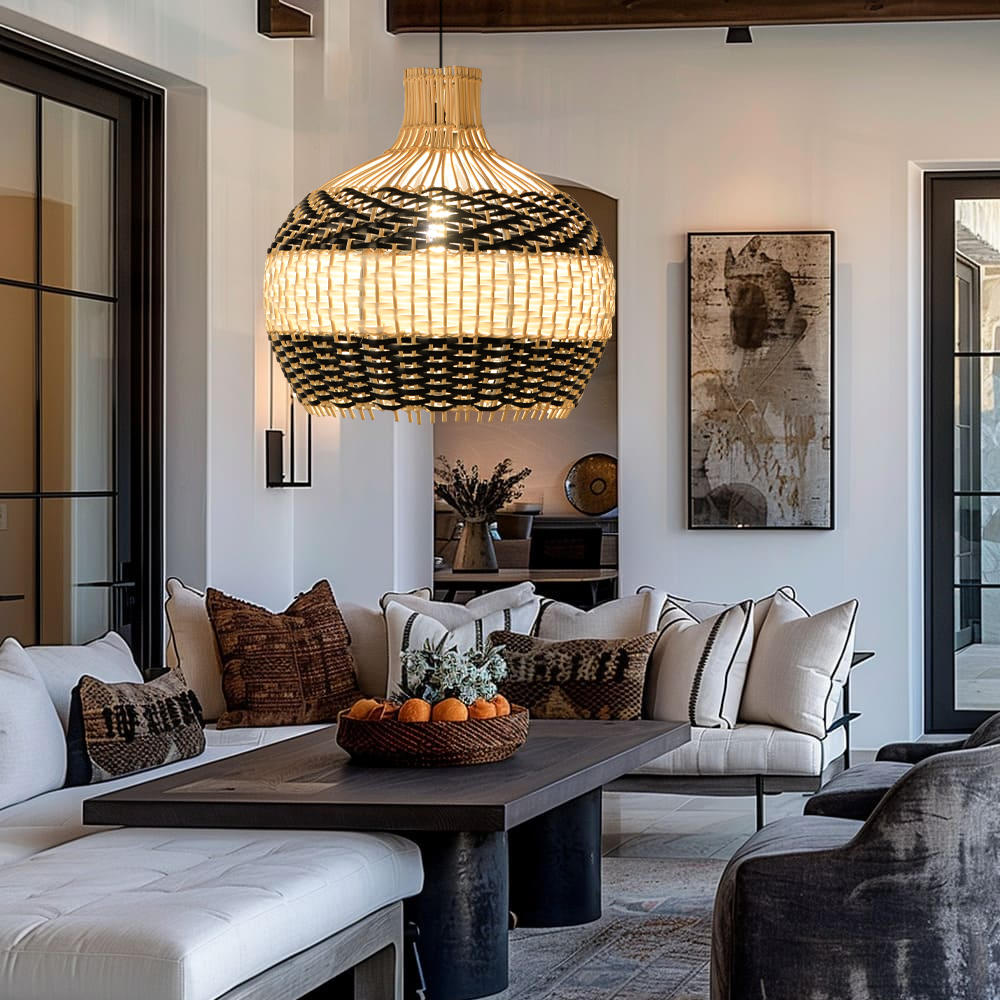 Sophisticated Black and White Rattan Pendant Light Interior Kitchen Island Design