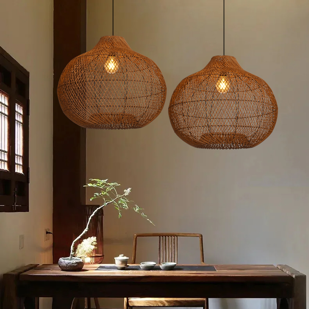 Wabi Sabi Natural Dark Rattan Pendant Lights for Dining Room