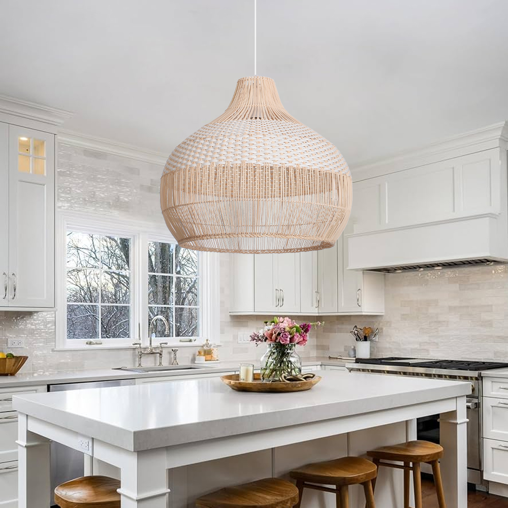 Rustic Rattan Pendant Light White Hanging Chandelier for Dining Room