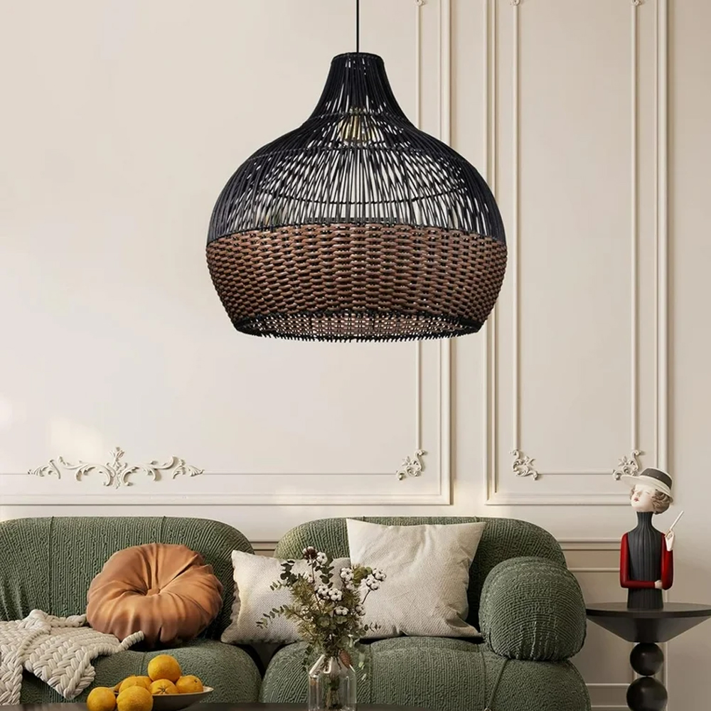 Modern Black Rattan Pendant Light Fixtures Living Room Basket Lighting Chandelier