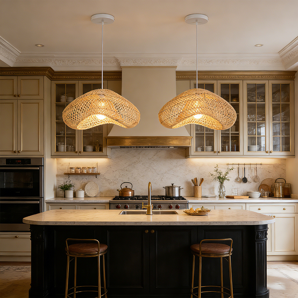 Hand Woven Rattan Pendant Lamp Shade Kitchen Natural Rattan Chandelier