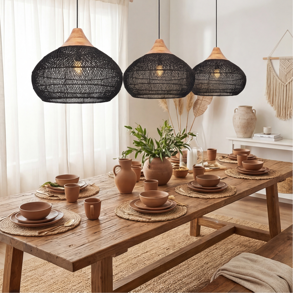 Black Rattan Ceiling Pendant Lighting Natural Texture Lights