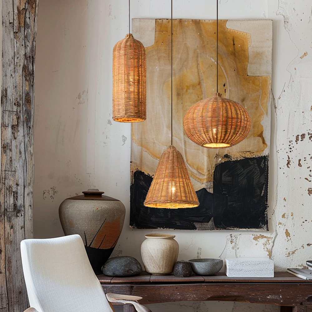 Wabi-sabi Style Creative Three-in-one Living Room Lampshade Natural Rattan Cluster Ceiling Light