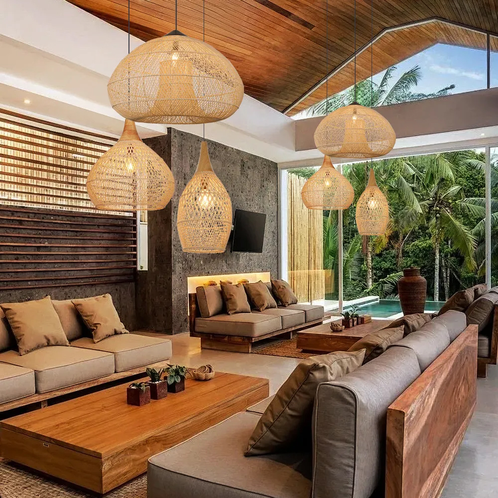 Wabi-Sabi Style Rattan Pendant Light for Living Room Round Base Three-Light Design