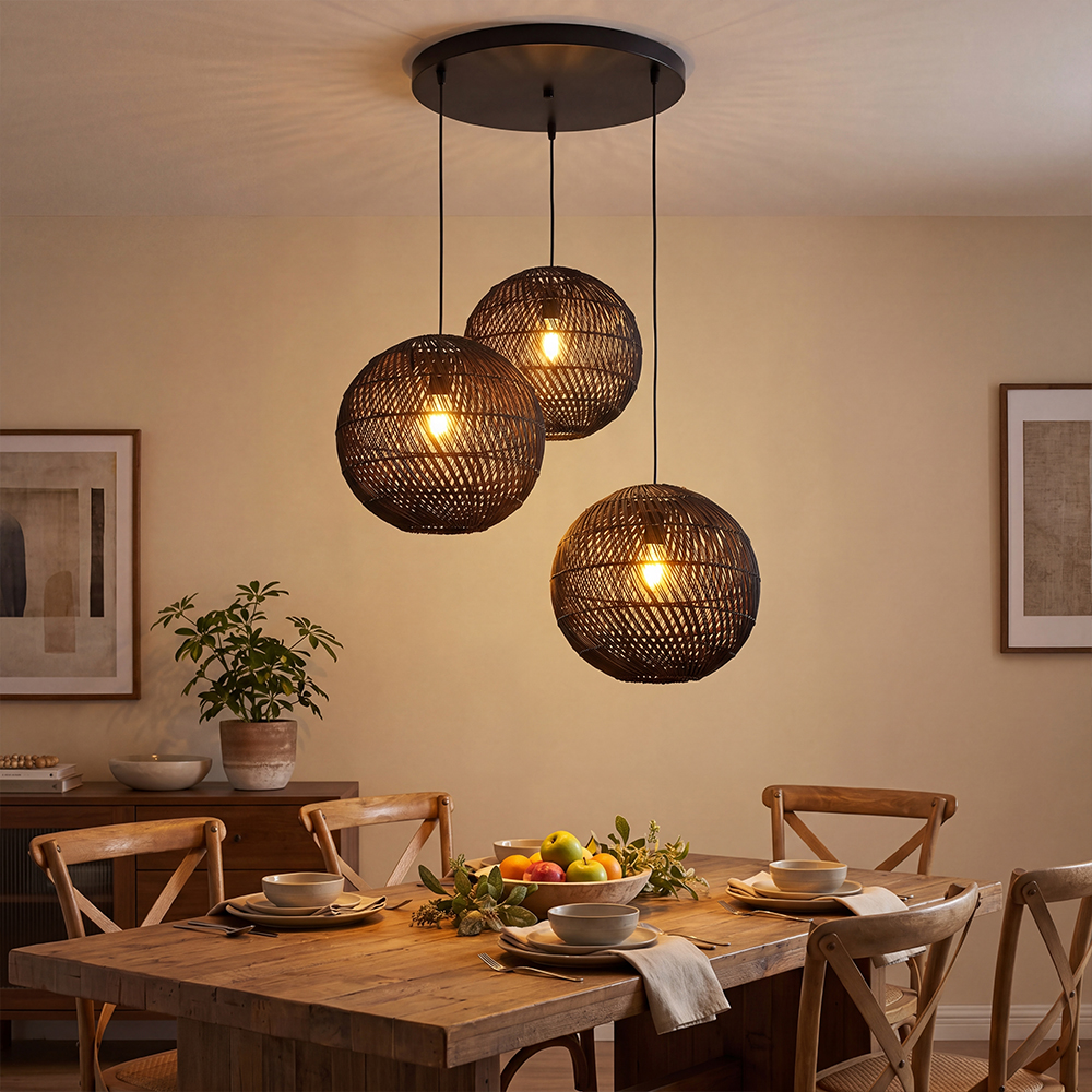 Kitchen Island Spherical Black Rattan Lighting Fixture High-Quality Indoor Wicker Lamp